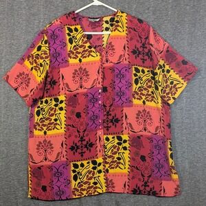 Notations Woman Patchwork Floral Button Front Blouse Magenta Yellow Plus 18W